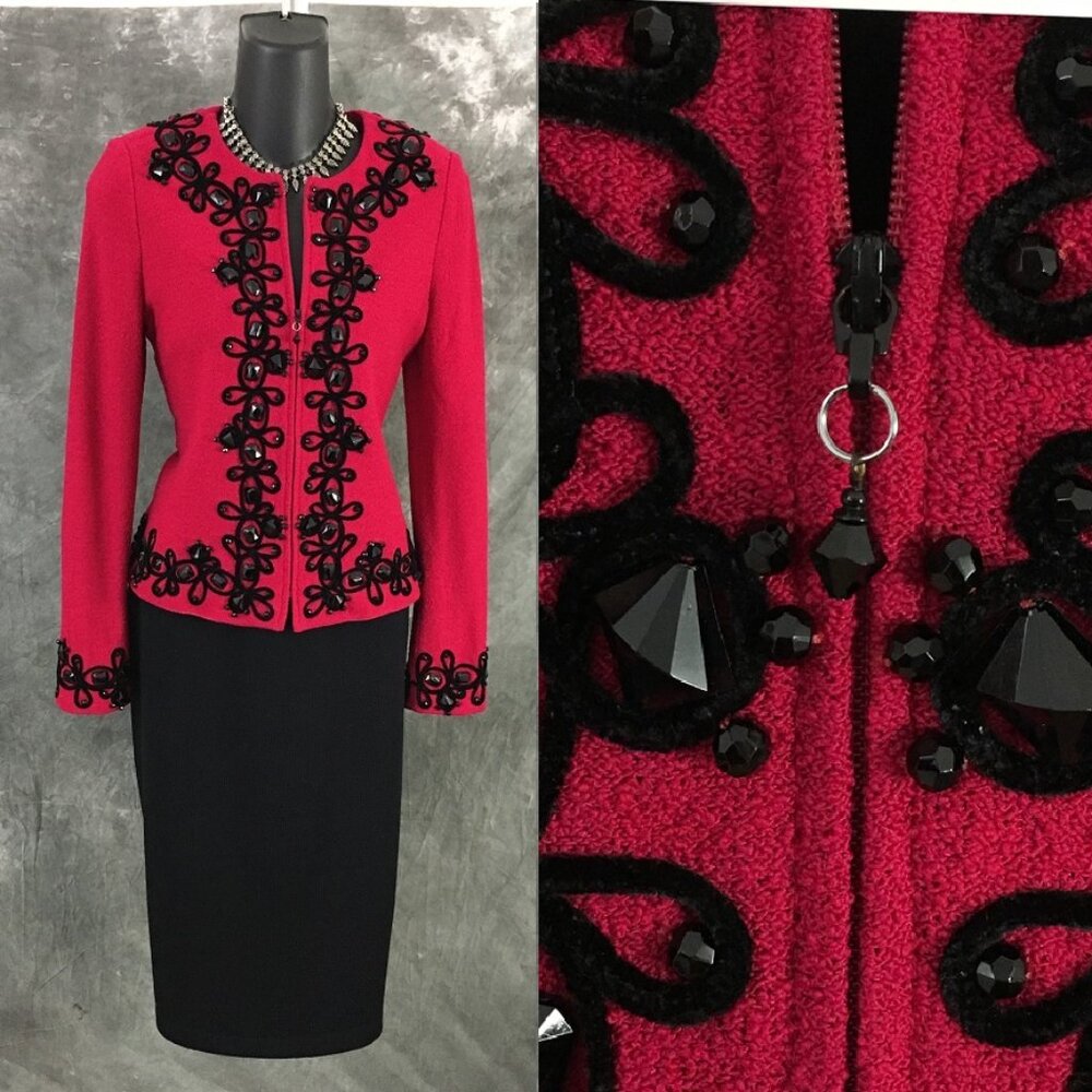 BEAUTIFUL St John couture knit pink black jacket embellished skirt suit size 2